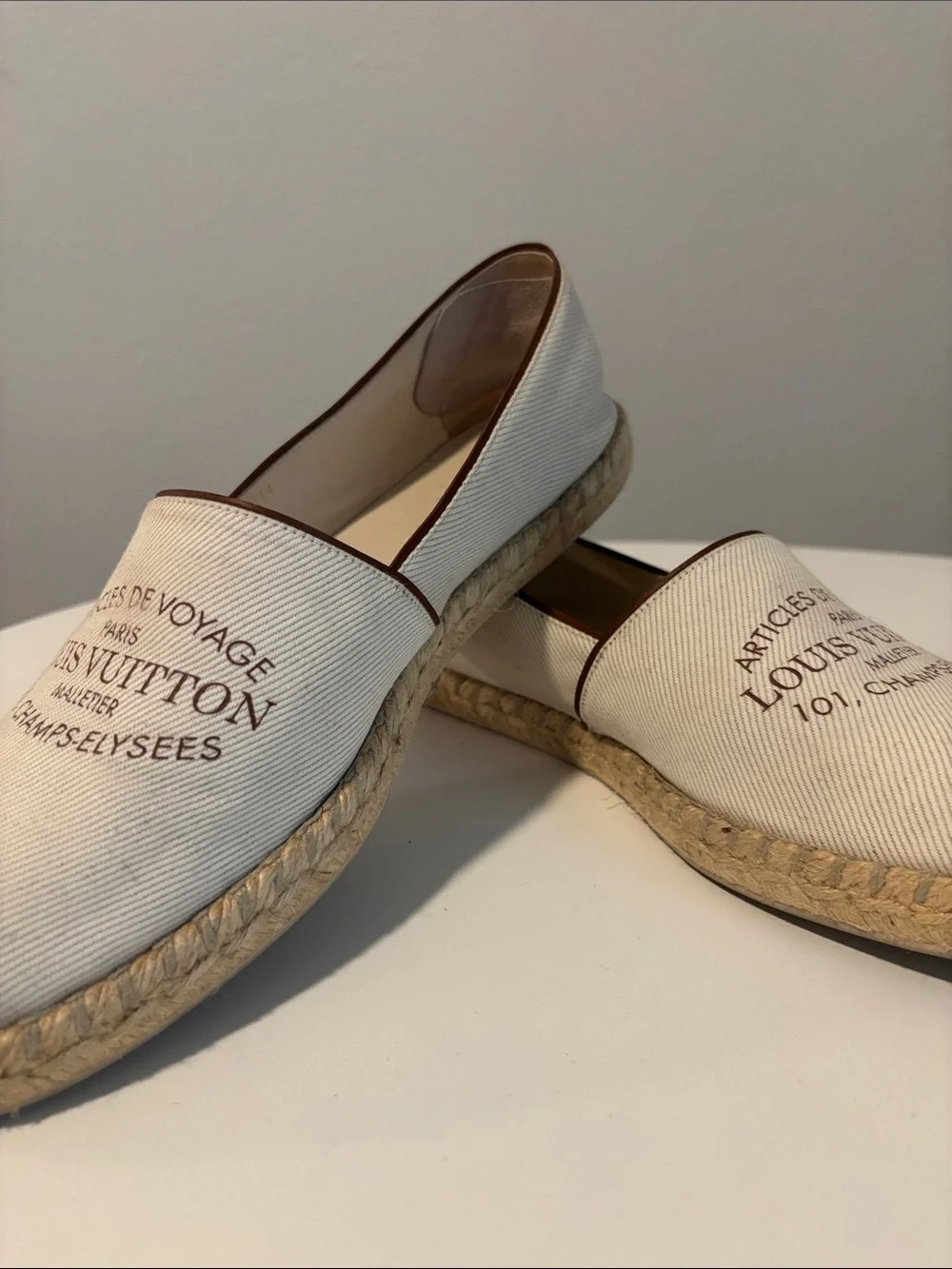 Louis Vuitton Cream Canvas Espadrilles with Brown Trim and Logo Print